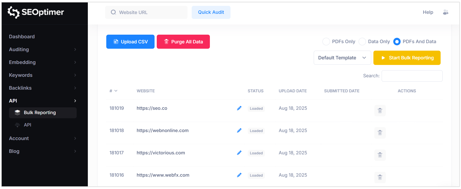 SEOptimer bulk reporting upload